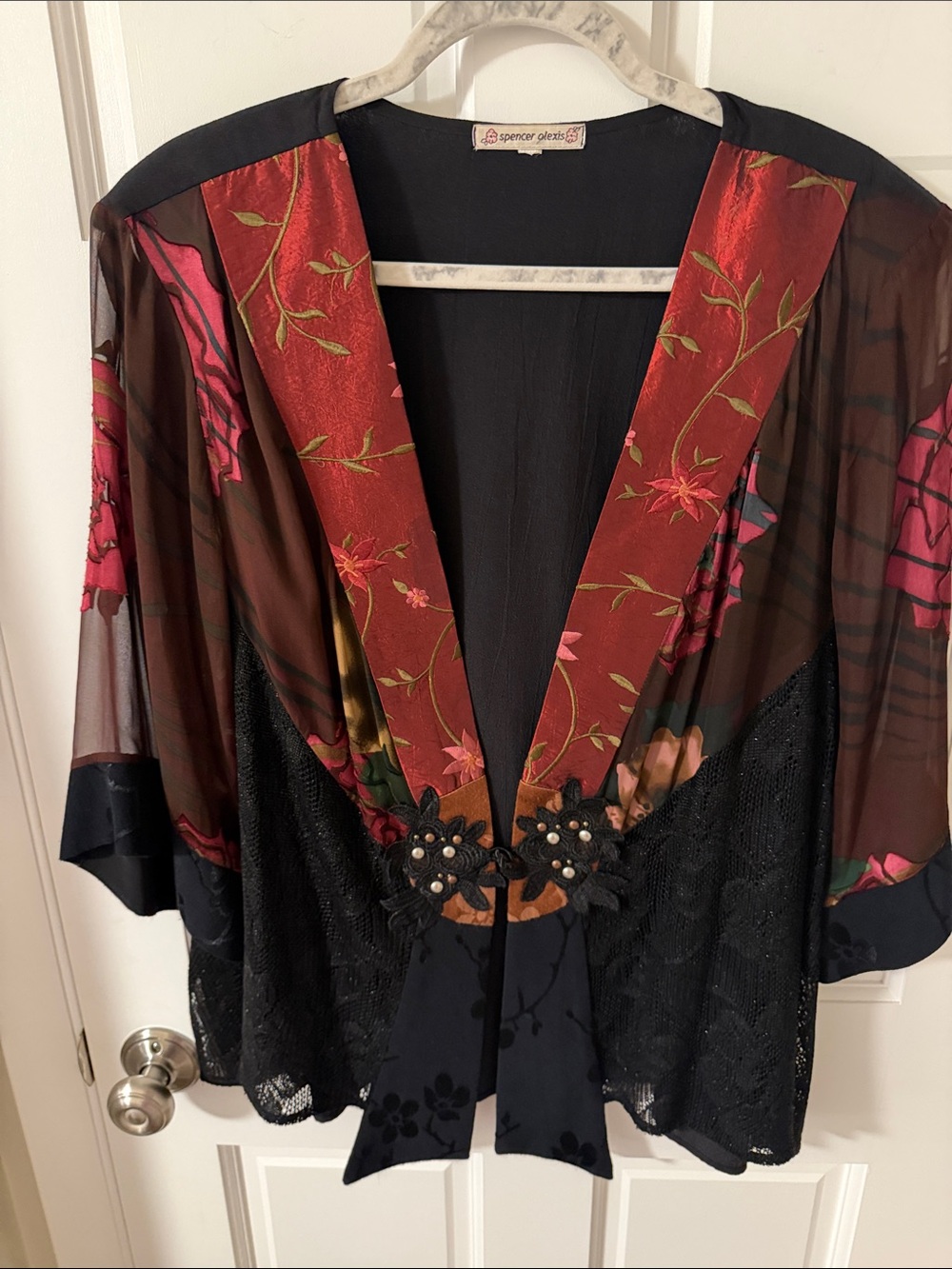 Vtg.Spencer Alexis Black Red Floral Silk Blend Kimono Jacket Lace Cardigan XL
